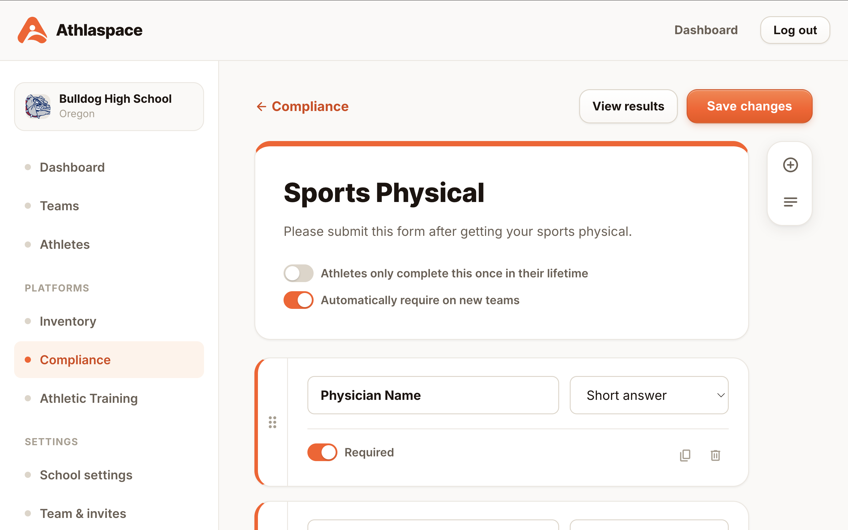 Compliance form builder in Athlaspace