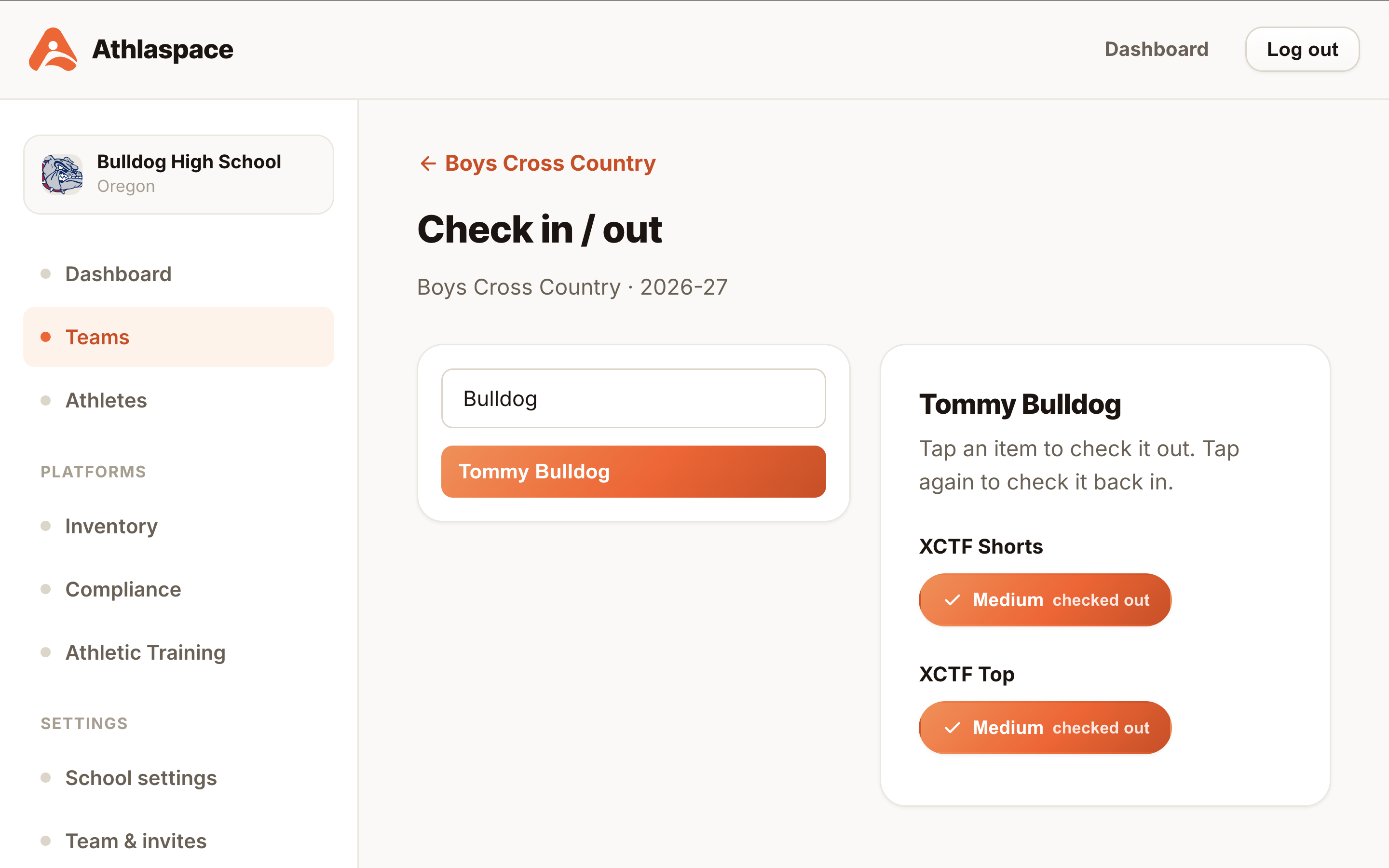 Inventory and equipment checkout in Athlaspace